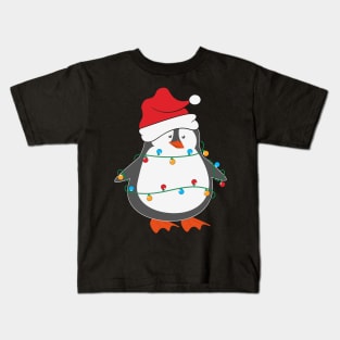 Funny Penguin Santa Hat Christmas Lights Christmas Tree Penguin Lover Christmas Gift Kids T-Shirt